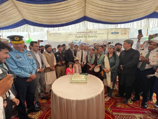Officials at the reception marking the first Dubai-to-Skardu airport in Pakistan.