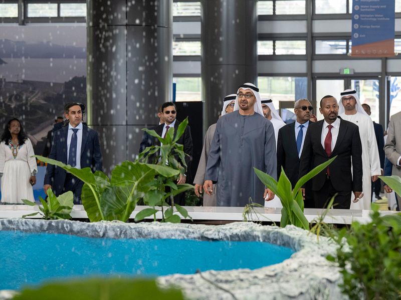 Sheikh Mohamed bin Zayed Al Nahyan and Abiy Ahmed attend the inauguration of the Water and Energy Exhibition, at the Ethiopian Science Museum. 
