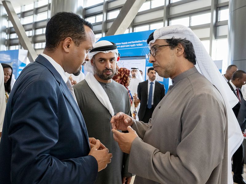 UAE Vice-President Sheikh Mansour bin Zayed Al Nahyan (right) and Sheikh Mohamed bin Hamad bin Tahnoon Al Nahyan, Private Affairs Advisor in the Presidential Court (centre), attend the inauguration of the Water and Energy Exhibition, at the Ethiopian Science Museum. 