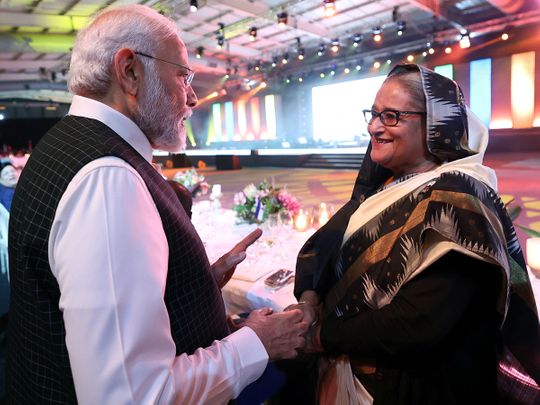India's Prime Minister Narendra Modi meets Bangladesh Prime Minister Sheikh Hasina