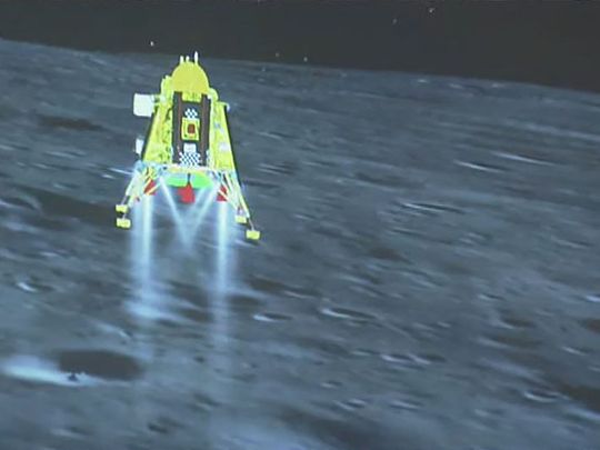 This handout screen grab taken and received from the live feed of Indian Space Research Organisation (ISRO) website on August 23, 2023, shows the Chandrayaan-3 spacecraft seconds before its successful lunar landing on the south pole of the Moon. 