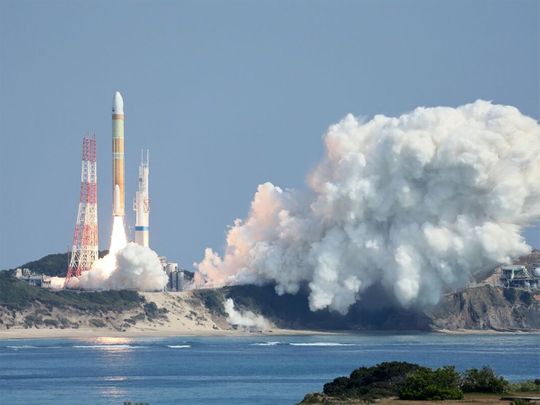 File photo: Japan’s H3 rocket leaves the launch pad at the Tanegashima Space Center in Kagoshima in March. 