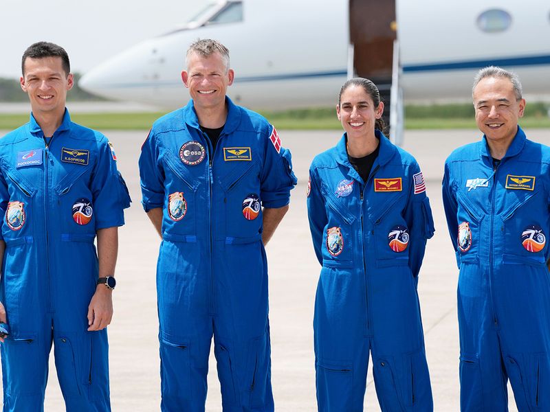 From left: Russian cosmonaut Konstantin Borisov, Danish astronaut Andreas Mogensen, NASA astronaut Jasmin Moghbeli and Japanese astronaut Satoshi Furukawa pose for a photo at a news conference at the Kennedy Space Center as they prepare for their mission to the International Space Station in Cape Canaveral, Florida. 