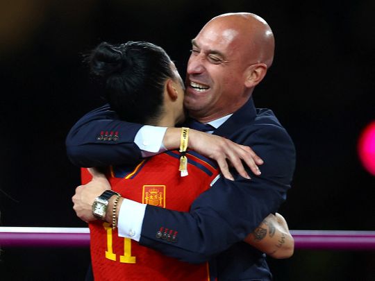 Spain's Jennifer Hermoso celebrates with President of the Royal Spanish Football Federation Luis Rubiales