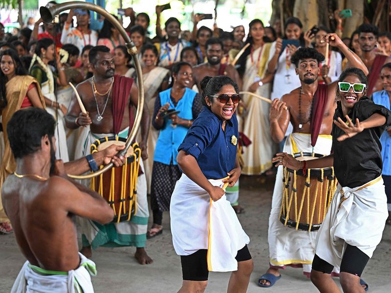 Students dance during the Onam festival celebrations in Chennai. 