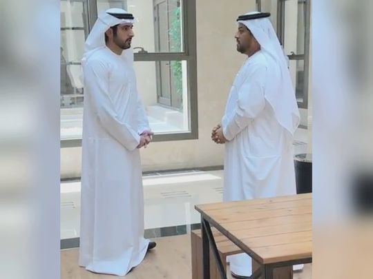 Still from clip showing Sheikh Hamdan bin Mohammed bin Rashid Al Maktoum (left), Crown Prince of Dubai and Chairman of the Executive Council, meeting Jamal Abdul Rahman at CDA in Dubai