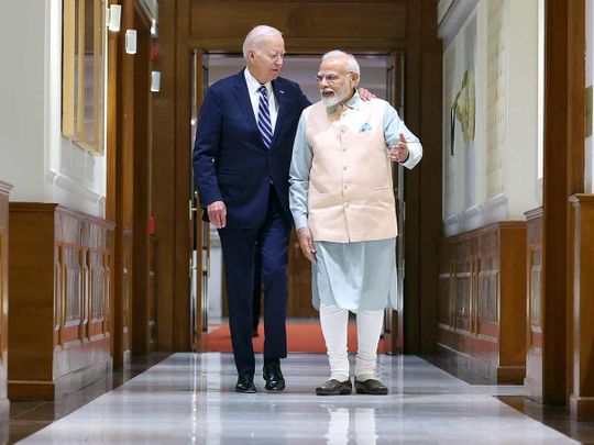 Indian Prime Minister Narendra Modi meets the United States President Joe Biden on the sidelines of the G20 Summit, in New Delhi on Friday.