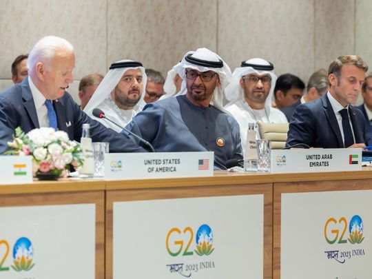 President His HIghness Sheikh Mohamed bin Zayed Al Nahyan, attends India-Middle East-Europe Economic Corridor, on the sidelines of the G20 Summit, New Delhi at IECC Convention Centre, along with Joe Biden, President of the United  States, and French President Emmanuel Macron. 