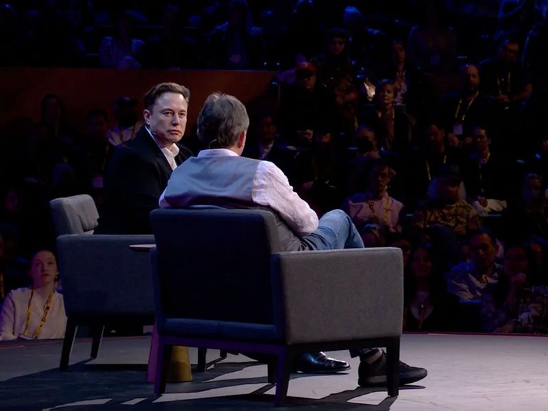 Tesla CEO Elon Musk being interviewed by the head of TED Chris Anderson 