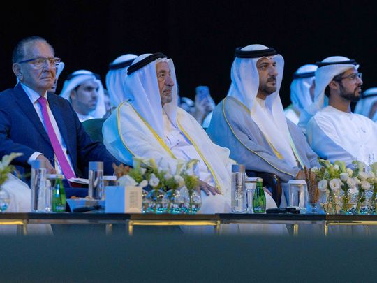 His Highness Dr Sheikh Sultan bin Mohammed Al Qasimi, Supreme Council Member and Ruler of Sharjah (second from left) and Sheikh Sultan bin Ahmed Al Qasimi (third from left), Deputy Ruler of Sharjah and Chairman of the Sharjah Media Council at the opening of IGCF 2023 at Expo Centre Sharjah on Wednesday 