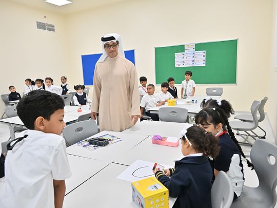 Sheikh Mansour bin Zayed Al Nahyan, Vice President, Deputy Prime Minister and Minister of the Presidential Court, uring his visit to the Zayed Educational Complex at the Mohamed bin Zayed Residential City in Fujairah on Wednesday
