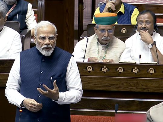India Prime Minister Narendra Modi speaks in the Rajya Sabha on Women's Reservation Bill during the Special Session of Parliament, in New Delhi on Thursday. 