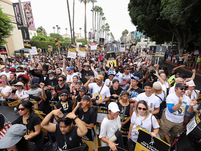 Hollywood actors and writers during their ongoing strike in Los Angeles on September 12, 2023.