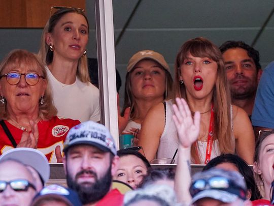 Kansas City, Missouri, USA; Taylor Swift reacts while watching the Kansas City Chiefs vs Chicago Bears game during the first half at GEHA Field at Arrowhead Stadium. Mandatory Credit: Denny Medley-USA TODAY Sports     TPX IMAGES OF THE DAY     