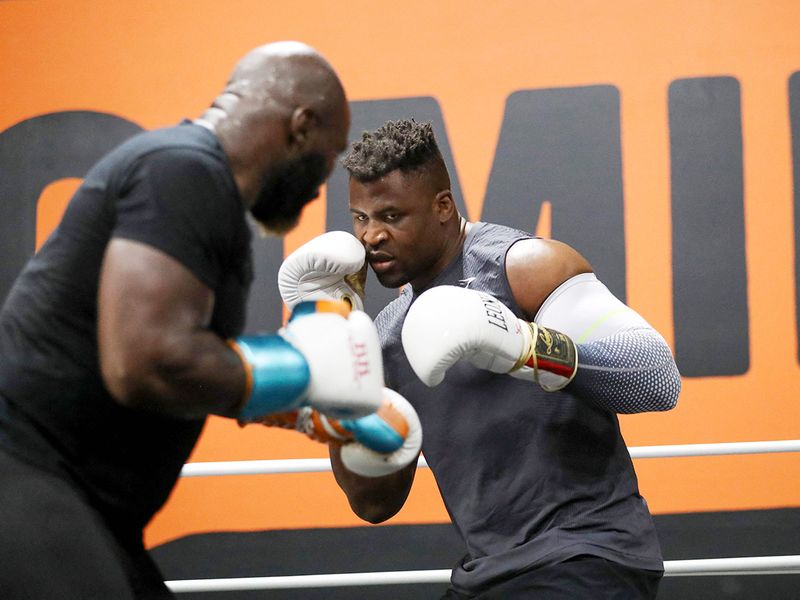 Francis Ngannou (right) spars with Carlos Takam
