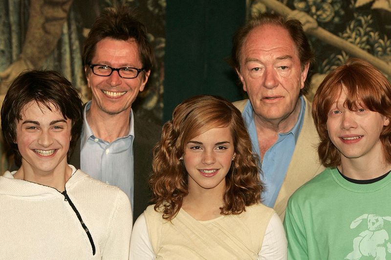 FILE PHOTO: Stars of the Harry Potter films (L-R) Daniel Radcliffe who plays Harry, Gary Oldman who plays Sirius Black, Emma Watson who plays Hermione Granger, Michael Gambon who plays Albus Dumbledore and Rupert Grint who plays Ron Weasley, pose for photographers in London, May 27, 2004. 