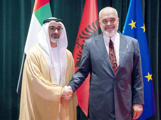 Crown Prince of Abu Dhabi Khaled bin Mohamed bin Zayed meets with the Prime Minster of Albania Edi Rama during a working visit to Tirana. 
