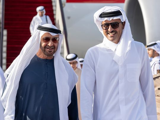 President His Highness Sheikh Mohamed bin Zayed Al Nahyan (left) with His Highness Sheikh Tamim bin Hamad Al Thani, Emir of the State of Qatar