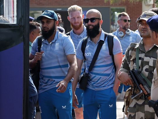 England cricket team members arrive at the Sardar Vallabhbhai Patel Airport