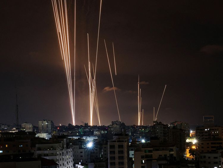 A salvo of rockets is fired by Hamas militants from Gaza City toward Israel on October 7, 2023. 