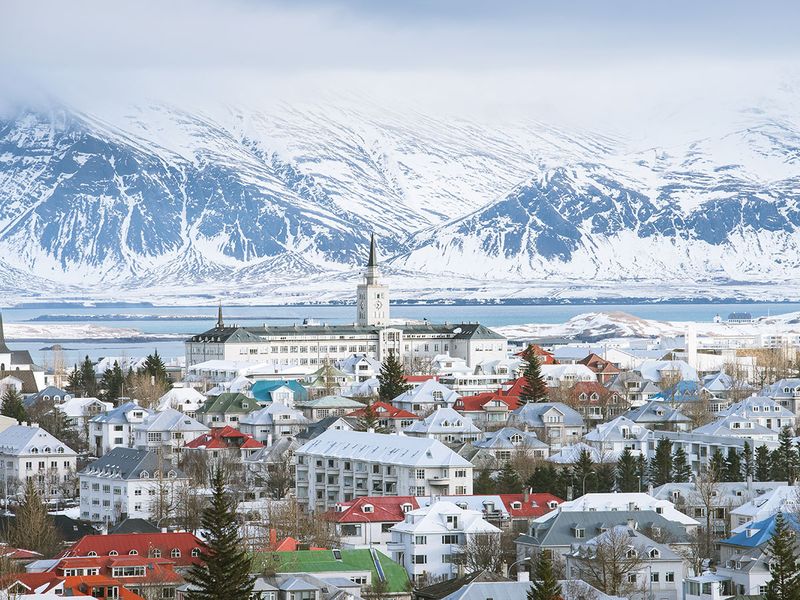 Reykjavik the capital city of iceland in winter snow view from above