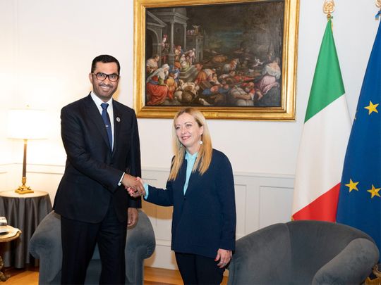 COP28 President-Designate Dr. Sultan Al Jaber meets with Italian Prime Minister Giorgia Meloni in Rome on Tuesday.