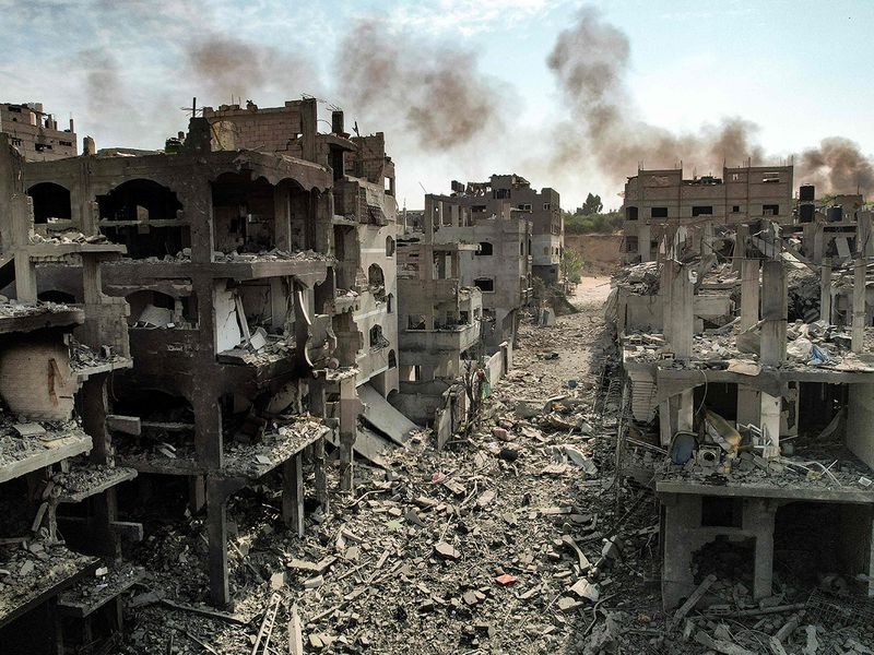 An aerial view of buildings destroyed by Israeli air strikes in the Jabalia camp 