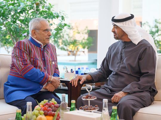 President His Highness Sheikh Mohamed bin Zayed Al Nahyan and Jose Ramos-Horta, President of the Democratic Republic of Timor-Leste, at Qasr Al Shati in Abu Dhabi.