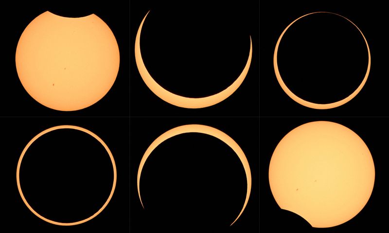 This combination of pictures shows the Moon crosses in front of the Sun over Albuquerque, New Mexico, during an annular eclipse on October 14, 2023. 