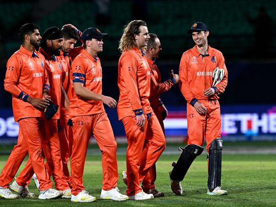  Netherlands' players walk back to the pavilion after their victory in the 2023 ICC Men's Cricket World Cup ODI match against South Africa at the Himachal Pradesh Cricket Association Stadium in Dharamsala on October 17, 2023. 