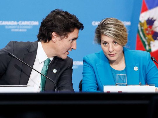Canada's Prime Minister Justin Trudeau and Foreign Minister Melanie Joly attend the Canada-CARICOM Summit in Ottawa, Ontario, Canada October 18, 2023. 