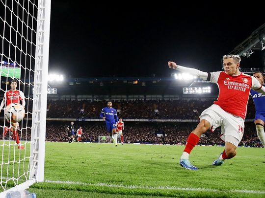 Arsenal's midfielder Leandro Trossard scores their second goal 