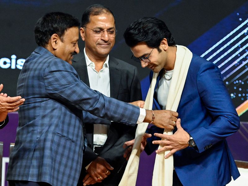 New Delhi, Oct 26 (ANI): Chief Election Commissioner Rajiv Kumar appoints Bollywood actor Rajkumar Rao as Election Commission's National Icon, at  Rangbhawan Auditorium, Akashwani Bhavan in New Delhi on Thursday. Election Commissioner Arun Goel also present.