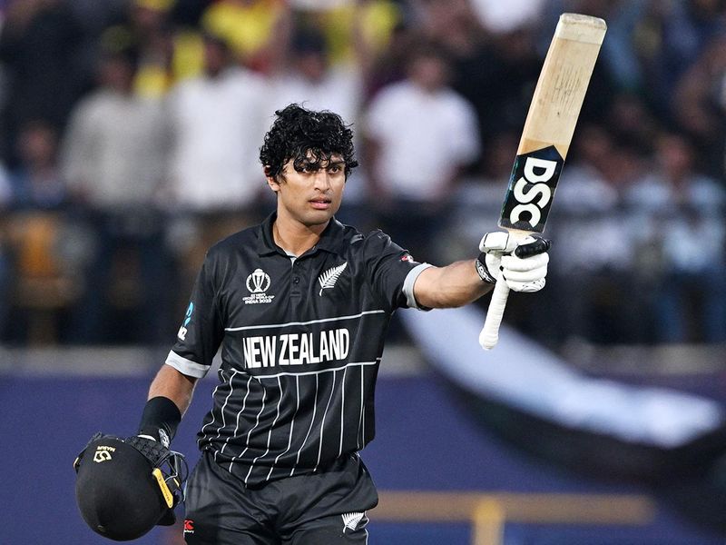 New Zealand's Rachin Ravindra celebrates after scoring a century