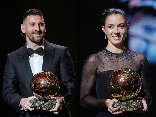 Lionel Messi (left) holding his 8th Ballon d'Or award and Aitana Bonmati 