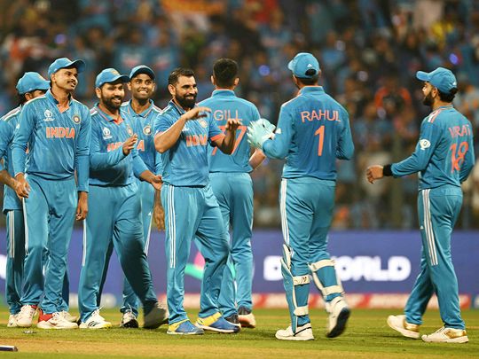 India's Mohammed Shami (C) celebrates with teammates