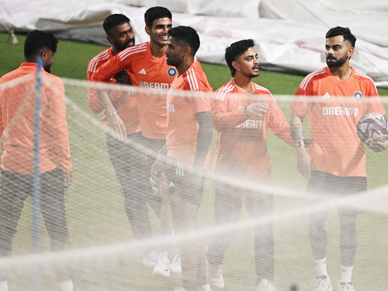 Indian cricket players attend a practice session at the Eden Gardens Cricket Stadium in Kolkata on November 4, 2023, ahead of their match against South Africa. 