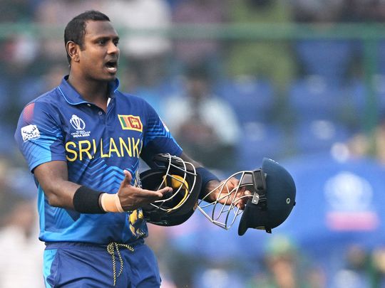 Sri Lanka's Angelo Mathews reacts