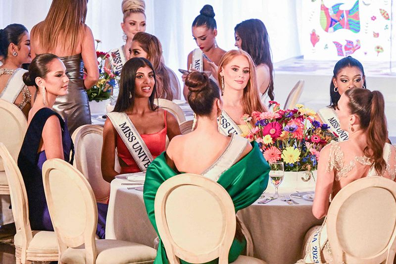 This photo taken on November 8, 2023 shows Miss Universe aspirants attending a gala event at the headquarters of the Ministry of Foreign Affairs of El Salvador in San Salvador, host city of the 72th edition of the Miss Universe pageant, scheduled to take place on November 18, 2023. (Photo by Marvin RECINOS / AFP)