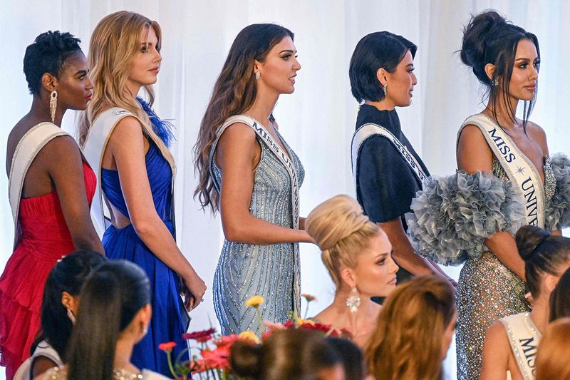 This photo taken on November 8, 2023 shows Miss Universe aspirants attending a gala event at the headquarters of the Ministry of Foreign Affairs of El Salvador in San Salvador, host city of the 72th edition of the Miss Universe pageant, scheduled to take place on November 18, 2023. 