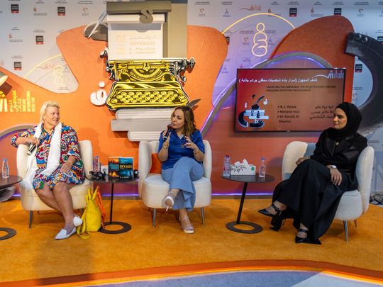 (from left) Authors K.J. Howe, Kenana Issa, and Dr Suaad Al Shamsi during a session titled “Unveiling the Unknown The Secrets Behind Writing Engaging Detective Protagonists”, at SIBF 2023 at Expo Centre-1699718911101