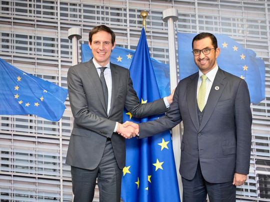 Dr-Sultan-Al-Jaber-(right),-COP28-President,-with-EU-Climate-Commissioner-and-Chief-COP28-Negotiator-Wopke-Hoekstra-in-Brussels-on-Monday-1699878221092