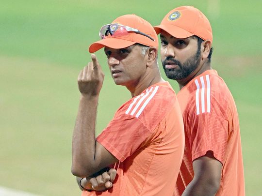 India’s Rohit Sharma (right) speaks with coach Rahul Dravid