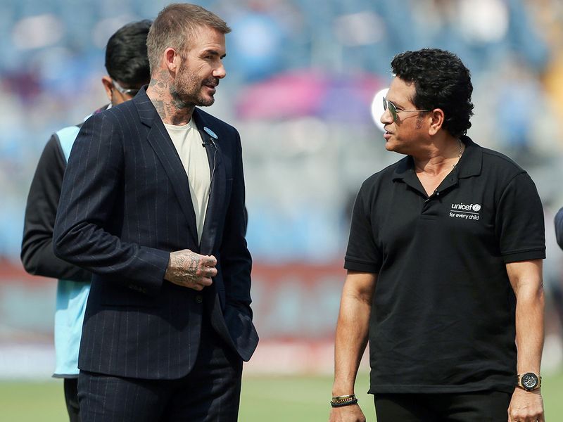 Former English Footballer David Beckham with former Cricketer Sachin Tendulkar prior to the toss for the semi-finals match.