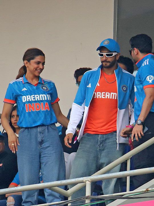 Bollywood actors Ranveer Singh and Deepika Padukone at the ICC Men's Cricket World Cup 2023 final match between India and Australia, at Narendra Modi Stadium in Ahmedabad on Sunday. 
