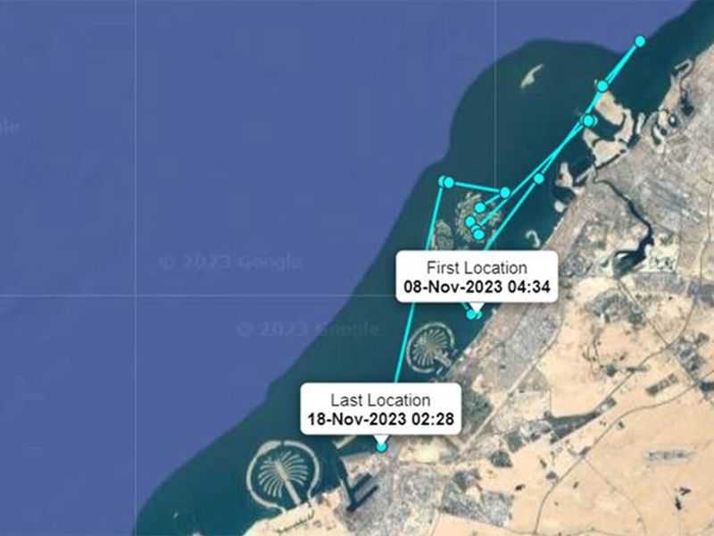Gina's satellite transmitter tracking shows that after being released, she travelled to off the Sharjah coastline and back, heading to Mina Jebel Ali, in the Arabian Gulf.