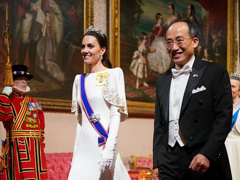Britain's Catherine, Princess of Wales (L) and South Korea's Deputy Prime Minister Choo Kyung-ho  arrive for a a State Banquet at Buckingham Palace in central London on November 21, 2023, for South Korea's President Yoon Suk Yeol and his wife Kim Keon Hee on their first day of a three-day state visit to the UK. South Korean President Yoon Suk Yeol and First Lady Kim Keon Hee began a three-day trip to the UK on Tuesday, with King Charles III's hosting his first state visitors since his coronation. (Photo by Yui Mok / POOL / AFP)