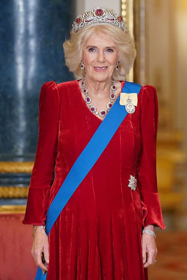 Britain's Queen Camilla arrives for a State Banquet at Buckingham Palace 