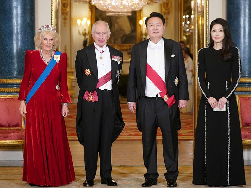 From left, Britain's Queen Camilla, King Charles III, President of South Korea Yoon Suk Yeol and his wife Kim Keon Hee ahead of the State Banquet, for the state visit to the UK by President of South Korea, at Buckingham Palace, London, Tuesday, Nov. 21, 2023. 