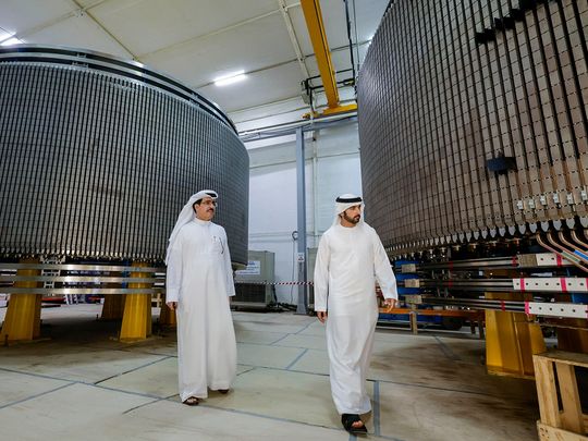 Sheikh Hamdan bin Mohammed bin Rashid Al Maktoum (right), Crown Prince of Dubai and Chairman of The Executive Council of Dubai and DEWA CEO Saeed Mohammed Al Tayer at the project site in Hatta on Wednesday